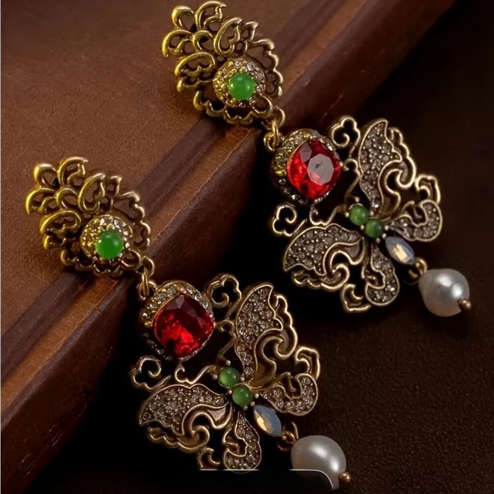 Ornate Gold and Red Gemstone Earrings